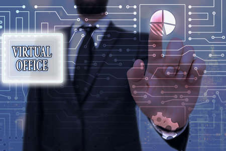 Writing note showing Virtual Office. Business concept for operational domain of any business or organization virtually System administrator control, gear configuration settings tools conceptの写真素材