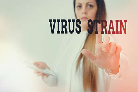 Text sign showing Virus Strain. Business photo showcasing Another genetic variant derived from the original microorganism Model with pointing hand finger symbolizing navigation progress growthの写真素材