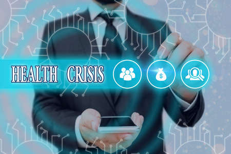 Handwriting text Health Crisis. Conceptual photo fitness problem that affects in more geographic areas System administrator control, gear configuration settings tools conceptの写真素材