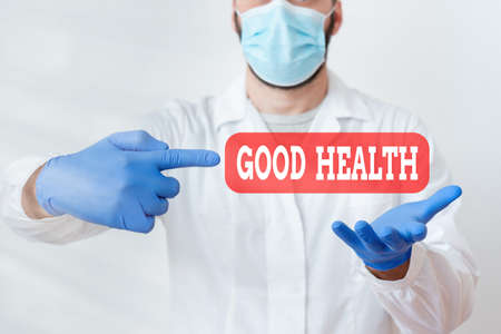 Text sign showing Good Health. Business photo text state of being vigorous and free from a bodily or mental disease Laboratory Technician Featuring Empty Sticker Paper Accessories Smartphoneの写真素材