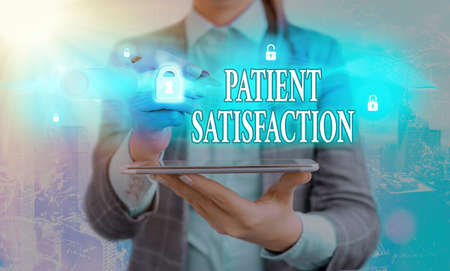 Handwriting text writing Patient Satisfaction. Conceptual photo the extent to which a patient is happy with their healthcare Graphics padlock for web data information security application systemの写真素材