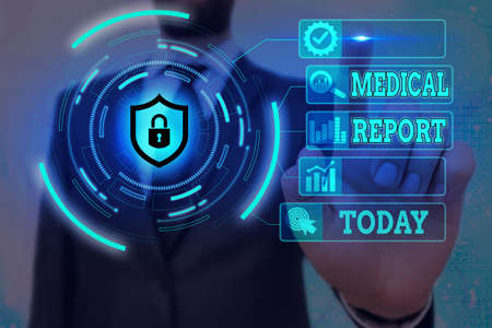 Word writing text Medical Report. Business photo showcasing report of the results of a medical examination of a patient Graphics padlock for web data information security application systemの写真素材