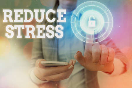 Word writing text Reduce Stress. Business photo showcasing to lessen the state of mental or emotional strain or tension Graphics padlock for web data information security application systemの写真素材