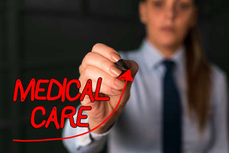 Word writing text Medical Care. Business photo showcasing the professional attention of medical practitioners in health digital arrowhead curve rising upward denoting growth development conceptの写真素材