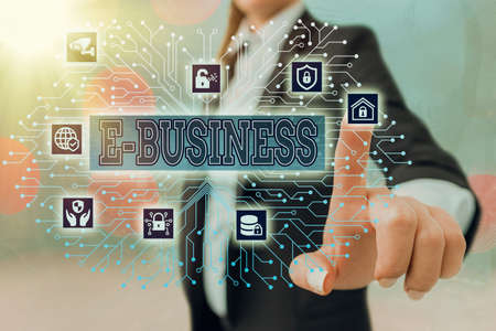 Writing note showing E Business. Business concept for the process of conducting commercial transaction over internet System administrator control, gear configuration settings tools conceptの写真素材