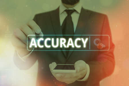 Word writing text Accuracy. Business photo showcasing degree of conformity of a measure to a standard or a true value Web search digital information futuristic technology network connectionの写真素材