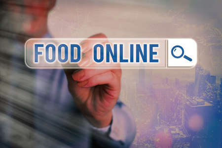 Conceptual hand writing showing Food Online. Concept meaning the practice of taking action to improve one s is own health Web search digital futuristic technology network connectionの写真素材