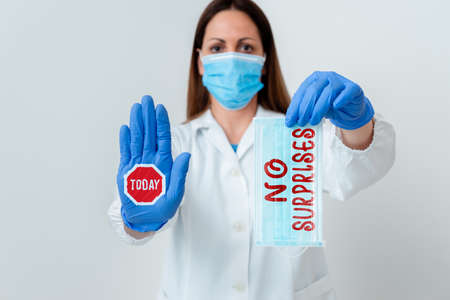 Word writing text No Surprises. Business photo showcasing Presupposed Eventual Destined Traditional Set The Usual Laboratory blood test sample shown for medical diagnostic analysis resultの写真素材