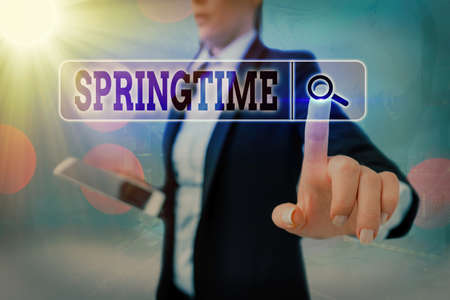 Conceptual hand writing showing Springtime. Concept meaning season of the year during which the weather becomes warmer Web search digital futuristic technology network connectionの写真素材