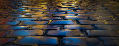 a street with cube at night, colorfull night scenery, blue and orange colorsの写真素材