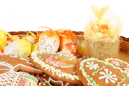 collection of easter ginger breads and painted eggsの写真素材