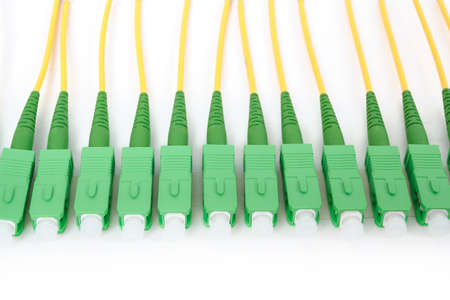 green fiber optic SC connectors on white background