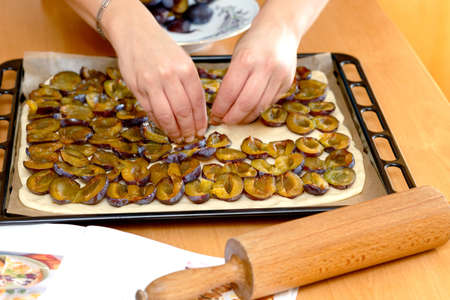 preparing, baking plum cake, placing plums on doughの写真素材