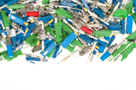 various types of fiber optic connectors with space for textの写真素材