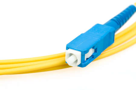 blue fiber optic SC connector patchcord on white background