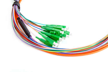 Ribbon fiber optic fun out patchcord with connector MTP isolated on white background