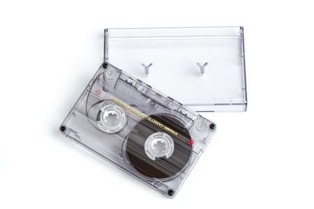 close up of vintage audio tape cassette isolated on white