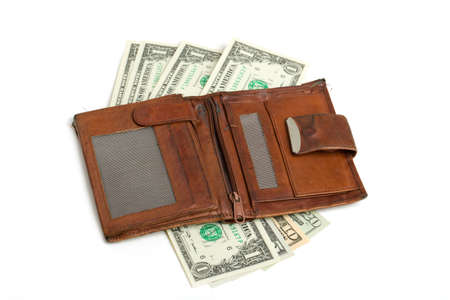 leather wallet with money banknotes US dolars nominal value one, five, ten and twenty isolated on...