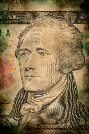 Macro of Alexander Hamilton on ten USA one dollar banknote grunge vintage styleの写真素材