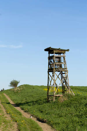 Wooden Hunters High Seat hunting tower in rural Landscape, Czech Republic Sceneryの写真素材