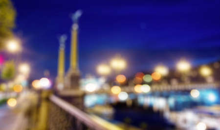 Blured lights from night Prague, view from river Vltavaの写真素材