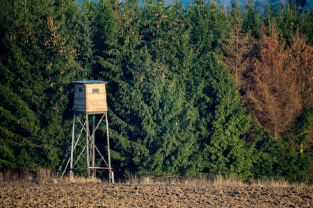 Wooden Hunters High Seat hunting tower in rural Landscape, Czech Republic Sceneryの写真素材