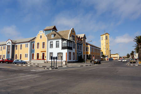 SWAKOPMUND, NAMIBIA - October 8, 2014: Beautiful colonial German architecture on stret of Swakopmund. City was founded in 1892, by Captain Curt von Francois as the main harbour of German South West Africa.のeditorial素材