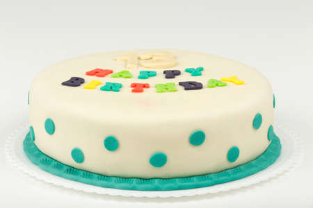 birthday cake with text happy birthday for thirteen anniversary on white