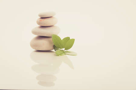 Pile of balancing pebble stones and green leaf, like ZEN stone, isolated on white background, spa tranquil scene concept with reflection, retro color pastel toneの写真素材