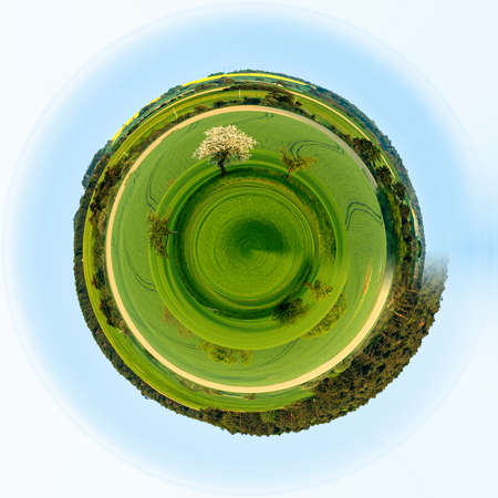 Planet of green spring rural landscape with green field. Rural landscape. Spring landscape. Field in countryside. Beautiful Little planet with green grass, ecology concept. Tiny green planetの写真素材