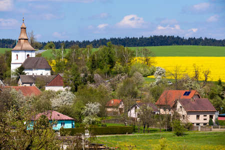 Small church in village in Czech republic Priseka. Beautiful view to spring vysocina countryside....