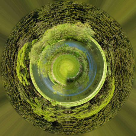 Tiny planet of Beautiful summer rural landscape with small lagoon. Rural landscape with pond. Spring landscape. Green czech countryside. Beautiful highland vysocina european countrysideの写真素材