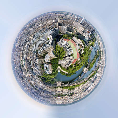 Planet of very nice panorama of Paris France from Eiffel tower. Little planet with Paris cityscape...