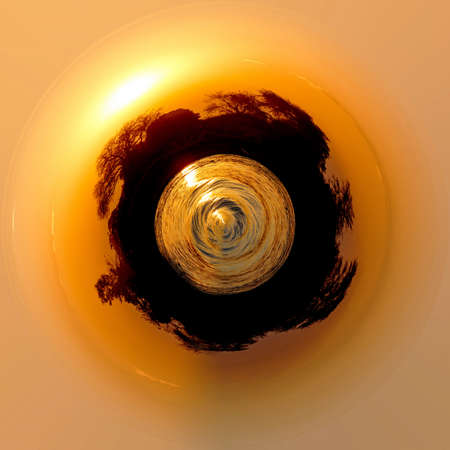 Planet of African sunset on Chobe river, Chobe national park, Botswana. Little planet with africa landscape, ecology concept. Tiny planet projectionの写真素材