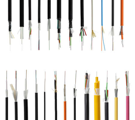 Collection of 25 fiber optical cables isolated on white background. Loose tubes with optical fibres...