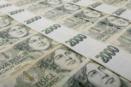 czech banknotes nominal value two thousand crowns as backgroundの写真素材