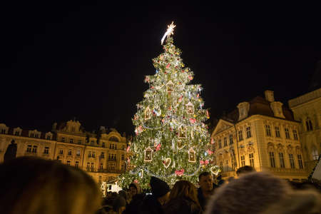 PRAGUE - December 3: Night scene of Old Town Square with the Christmas tree in Prague at advent Christmas time. December 3, 2016 in Prague, Czech Republic.のeditorial素材