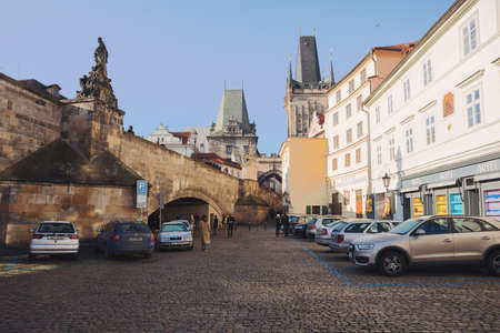 PRAGUE, CZECH REPUBLIC - DECEMBER 3, 2016: Peoples under Charles bridge in Prague. December 3, 2016 Prague, Czech Republic.のeditorial素材
