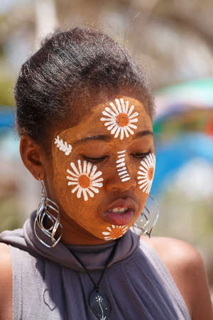 ANTSIRANANA, DIEGO-SUAREZ, MADAGASCAR, OCTOBER 29.2016, Native Malagasy Sakalava ethnic girls, beauties with decorated face on the beach in Diego Suarez Bay, Madagascar, October 29. 2016のeditorial素材