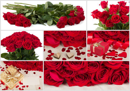 Collection of fresh valentine red roses and heart. Love concept collage wallpaper.の写真素材