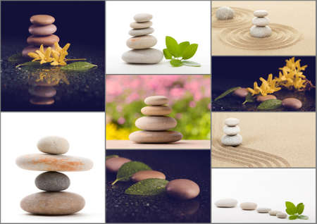 Collection, collage of balancing zen pebble stones, spa wellness tranquil scene, soul equanimity concept, mental calmness, abstract retro colorsの写真素材