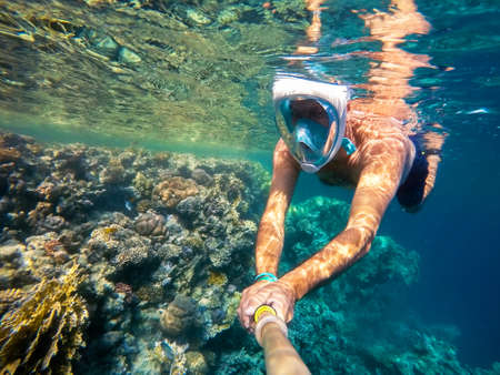 Snorkel swim in underwater exotic tropics paradise with fish and coral reef, beautiful view of tropical sea. Marsa alam, Egypt. Summer holiday vacation conceptの写真素材