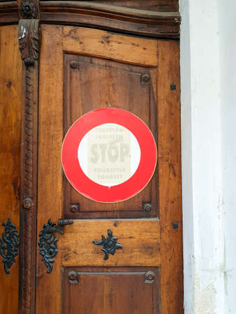 SOPRON, HUNGARY - SEPTEMBER 24.2017: Sign stop Tourist on door to church. September 24, 2017 in Sopron, Hungaryのeditorial素材