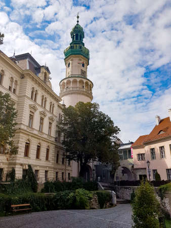 SOPRON, HUNGARY - SEPTEMBER 24: Historical building in main square in center of Sopron. View of the fire tower. Sopron is a beautiful and historical city in Hungary on the Austrian border. September 24, 2017 in Sopron, Hungaryのeditorial素材
