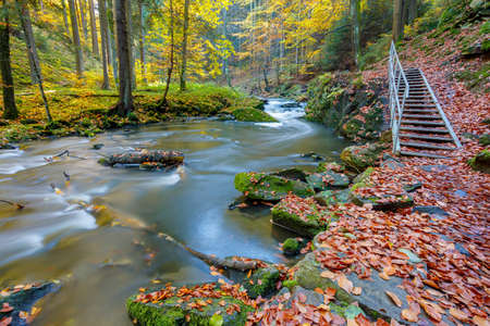 czech mountain wild river Doubrava in Czech Republic with slow shutter speed. Valley in beautiful autumn fall colors. Picturesque landscape.の写真素材