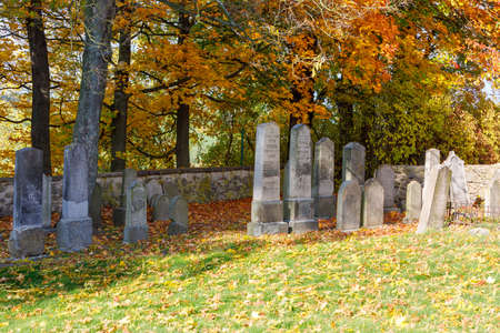 forgotten and unkempt Jewish cemetery with the strangers with fall colors in autumn season