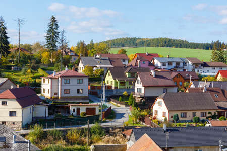 Aerial view of small village in autumn season, Czech Republic.の写真素材