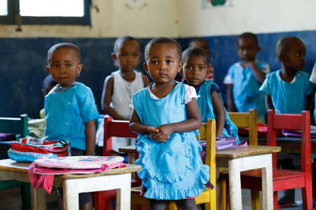 MADAGASCAR OCTOBER 17.2016: Malagasy school children students in classroom, Maroantsetra - Andranofotsy, October 20. 2016, Madagascarのeditorial素材