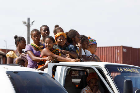 NOSY BE ,MADAGASCAR - NOVEMBER 3.2016 Traditional Malagasy peoples car transport. Many peoples in one crowded car in Nosy Be port. Nosy be, Madagascar, November 3. 2016のeditorial素材