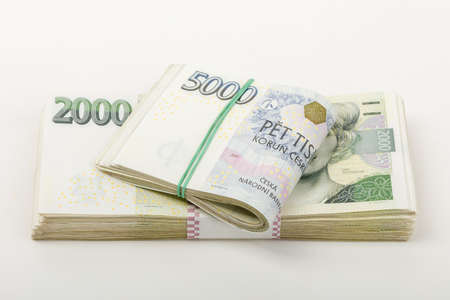 czech banknotes nominal value two and five thousand crowns. approximately 12 450 US dollars (USD) or 11 100 Euro (EUR)の写真素材